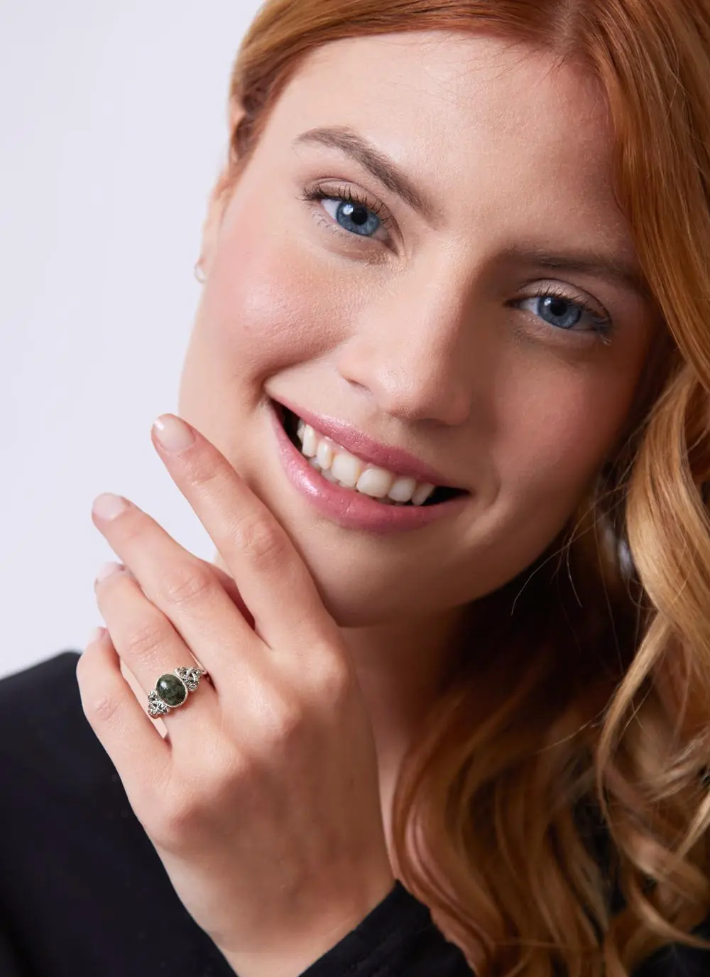 Sterling Silver & Connemara Marble Trinity Knot Ring with Marcasite